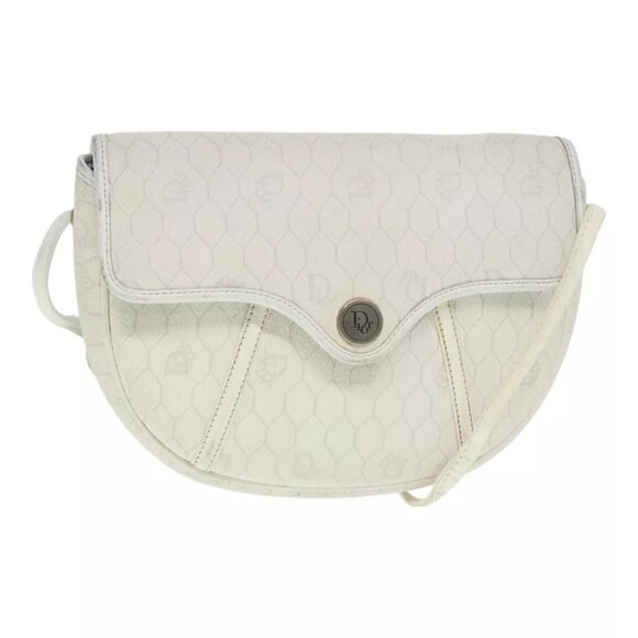 Christian Dior Honeycomb Canvas Shoulder Bag PVC Leather White Gold Auth 90372 - Picture 1 of 16